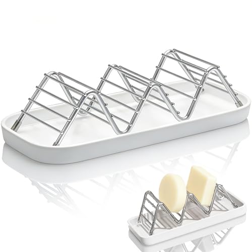 Bar Soap Holder, Stainless Steel Shampoo Bar Holder for Bathroom Shower Wave-Shaped Self Draining Soap Dish with Water Tray for Shampoo Bars, Conditioner Bars (White, 7.4"×3.2")