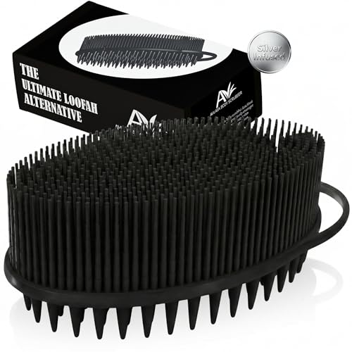 Avilana Silicone Body Scrubber for Shower – SGS Certified Food Grade Dual Sided Bath Brush, Gentle Exfoliating Silicone Loofah Alternative, Sensitive Skin Body Brush (Black-Silver, Scalp) - color: Black-silver, size: Scalp