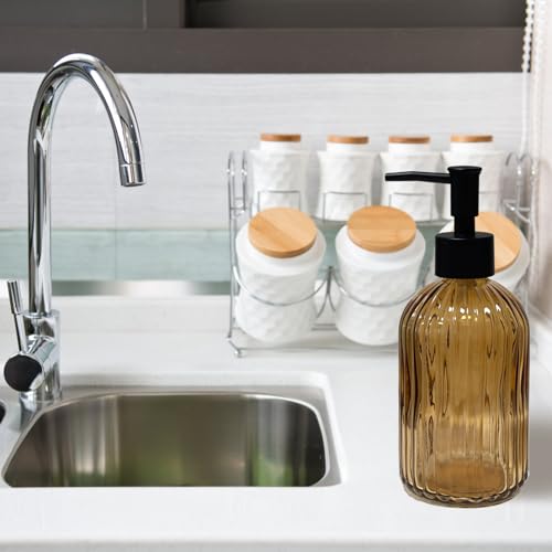 Black Pump Glass Soap Dispenser, 13.5oz Brown Stripe Countertop Refillable Liquid Bottle Hand Dish Lotion Dispenser with Plastic Pump, for Kitchen, Bathroom Countertop - color: Brown