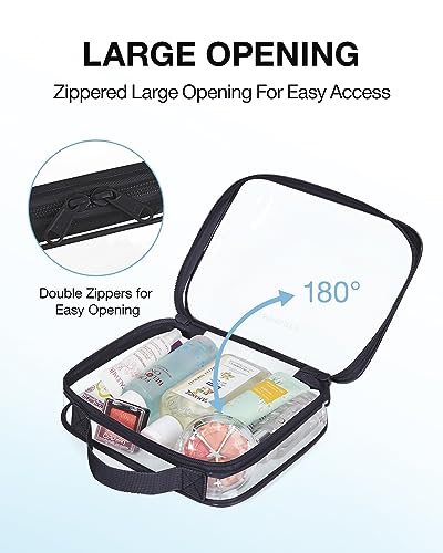BAGSMART Clear Toiletry Bag, TSA Approved Travel Toiletry Bag Carry On Travel Accessories Bag Airport Airline Quart Size Bags water-resistant Makeup Bag for Women - color: Basic Black-with handle+180° open, size: 3 Pack, Medium