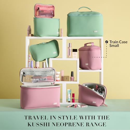 KUSSHI Neoprene Train Case Makeup Bag - Washable Makeup Travel Bag & Vanity Case for Stress Free Travel (Small, Mauve/Stone) - color: Mauve/Stone, size: Small