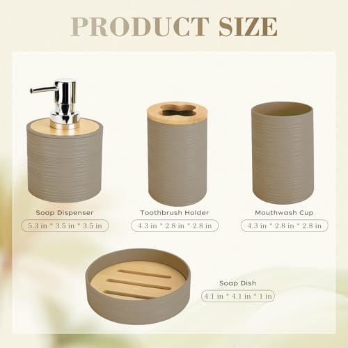 4 PCS Beige Bathroom Accessories Set, Includes a Soap Dispenser, Toothbrush Holder, Soap Dish and Mouthwash Cup, Plastics & Bamboo Bathroom Set, Bohemian Style Bathroom Sink Set - color: Beige, size: 4 PCS