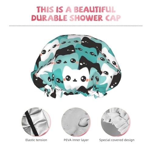 Cat Pattern Shower Cap For Women Reusable Waterproof Double Layers Bath Cap Hair Protection Elastic Ladies Spa Salon Shower Hat - color: Cat Pattern
