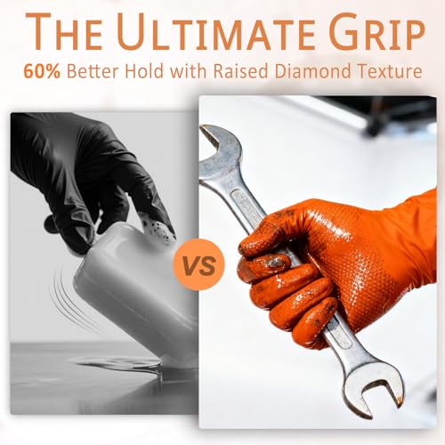 PROMEDIX P Heavy Duty Nitrile Gloves with Diamond Texture 8 Mil Latex Free Powder Free Industrial Disposable Glove - color: Orange, size: Large