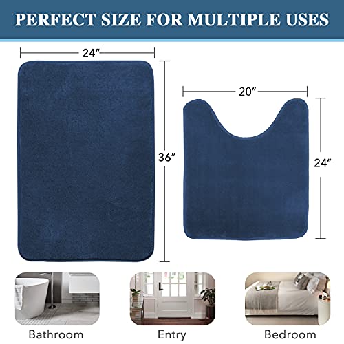 H.VERSAILTEX Bath Mat Memory Foam Set Bathroom Rug Set Flannel Velvety Bath Mat Luxury Extra Soft and Absorbent Non Slip Rugs for Bathroom/Bedroom Washable(Curved Set 24"x 36" Plus 20"x 24"U, Navy) - color: Navy, size: 24" x 36" Plus 20" x 24" U