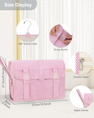 Relavel Hanging Toiletry Bag for Women, Large Makeup Travel Bag with Separate Compartments, Water Resistant Toiletries Bag for Travel Accessories, Portable Bathroom Bag for Trip Camping- Pink Strip - color: 01 Pink Strip, size: Large