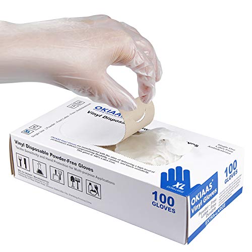 OKIAAS Disposable Gloves XL, Food Safe| Latex-Free and Powder-Free Clear Vinyl Gloves for Cooking, Food Prep, Household Cleaning | Medium,100 Counts/Box - color: Clear - Box of 100, size: X-Large (Pack of 100)