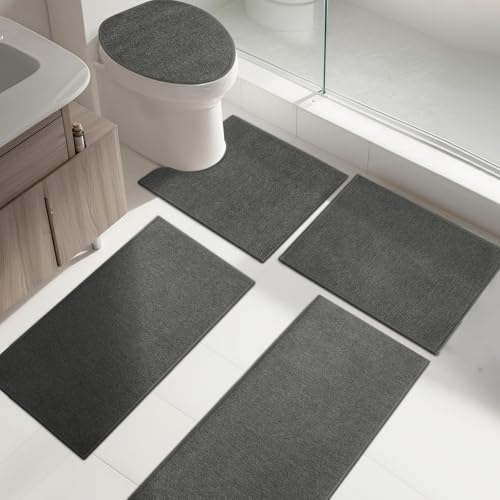 YIHOUSE Bathroom Rugs, Set of 5 Ultra Thin Bath Mat, Non-Slip, Quick Dry, Machine Washable Bathroom Mat Set for Bathroom Floor, Tub and Shower, Dark Grey