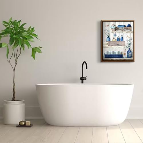 BJVJKSU Framed Navy Blue Bathroom Decor Wall Art Rustic Blue Bathroom Canvas Wall Decor Please Seat Yourself Sign Print Painting Vintage Aesthetic Farmhouse Artwork Picture(16x24in) - color: Blue framed, size: 24"L x 16"W