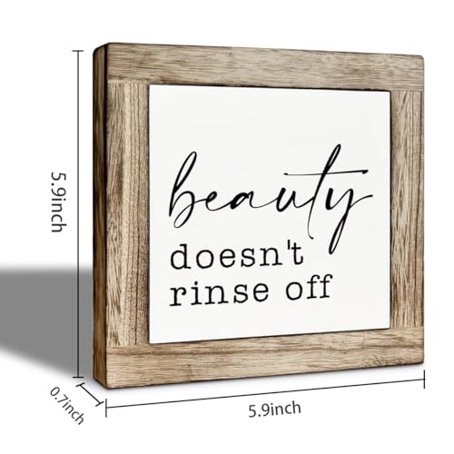 Funny Bathroom Sign Shelf Decor, Beauty Doesn't Rinse Off Wood Block Sign, for Bathroom Shelf Restroom and Toilet Shelves Decor, Rustic Wooden Table Top Signs 5.9×5.9 inch - color: color35