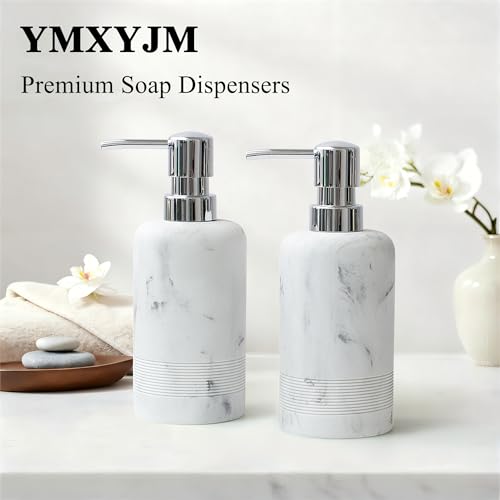 YMXYJM Resin Soap Dispenser Sets, 2 Pcs Heavy Lotion Dispensers,10.8oz Refillable Liquid Soap Dispensers with Rust-Proof Pump for Bathroom Countertop or Kitchen, Artificial Marble White - color: White