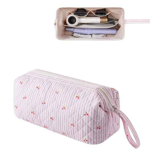 Large Quilted Hair Tools Travel Bag,Hair Styling Accessories Storage Case for Hair Dryer,Curling Iron,Flat Irons,Straightener and Attachments,Portable Organizer with Removable Dividers(19Cherry) - color: 19Cherry