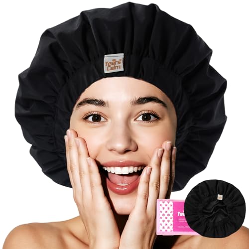 Years Calm Luxury Shower Cap for Women, Color Changing Shower Cap Reusable Waterproof, Flexi Satin Lined, Stylish Hair Cap for Shower, Washable Elastic Band Bath Cap for Long Hair, Braids (Black) - color: Black