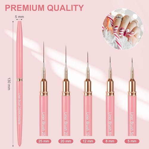 Artdone Metallic Nail Art Pens, Liner Brushes Set, 5PCS Pink Nail Tools | For Long Lines, Thin Details, Fine Drawing, Liner Brush UV Gel Polish Painting Nail Design Sizes 5/8/12/20/25mm - color: Pink Liner Brush Set