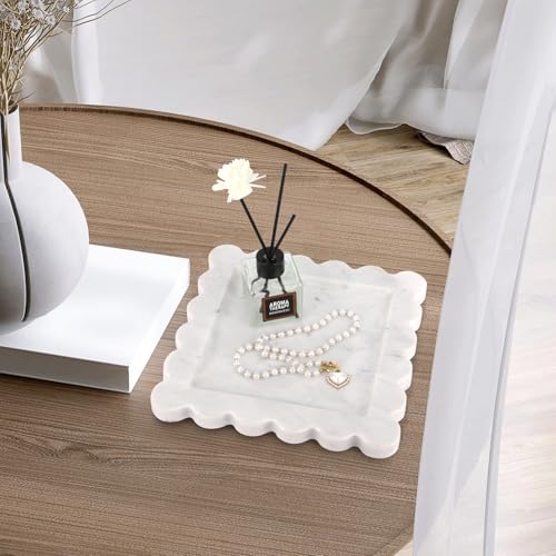 Square Marble Decorative Tray with Scalloped Edge,Luxury Natural Italian Stone Bathroom Vanity Tray, Dresser Top Perfume Coffee Home Sink Tray, Key Trinket Ring (Carrara White, 8 * 8) - color: Carrara White, size: 8" x 8" x 0.8"