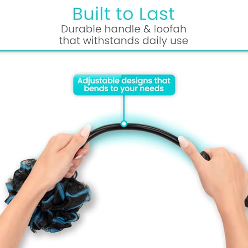 Vive Bendable Loofah on a Stick with Long Handle - Body Exfoliator Luffa & Long Handled Sponge - Back Scrubber & Bath Brush Lufa for Shower, Women, Men, Elderly - Handheld Loofa & Wall Hook Included