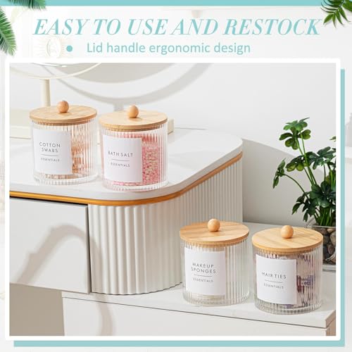 Yaomiao 6 Pcs Ribbed Bathroom Canisters Apothecary Jars with Wood Color Bamboo Lids and Label Stickers, 18 oz Plastic Canister with Fluted Design for Cotton Ball, Swab, Floss Picks House Storage - color: Wood Color