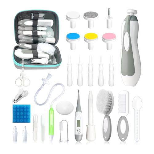 Baby Healthcare and Grooming Kit, 28 in 1 Portable Baby Essentials Kit Electric Nail Trimmer Set with Gas Relief Hair Brush Comb Nasal Aspirator for Newborn Boys Girls (Grey White) - style: 28 Kits-Grey White