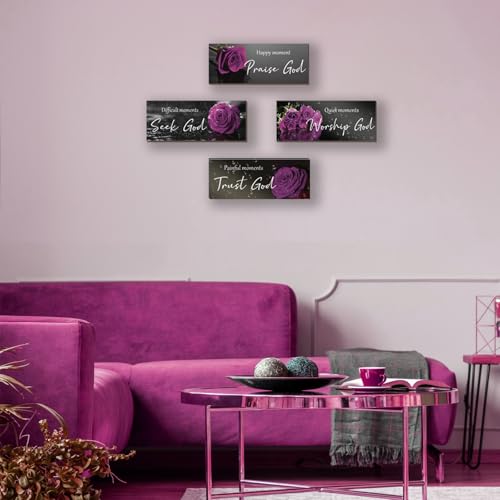 ONIZHITY 4pcs Purple Bathroom Decor Religious Wall Art Bible Verse Inspirational Rose Wall Decor Rustic Wooden Christian Sign for Home, Bathroom, Office, Bedroom, Living Room, Kitchen (10x4) - color: Purple Rose