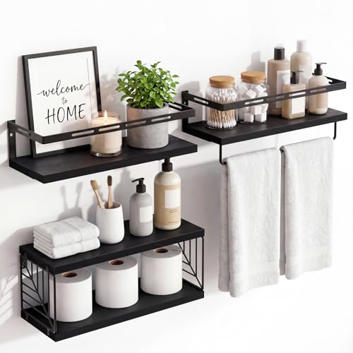Fixwal Wall Mounted Bathroom Shelves Over Toilet, Rustic Wood Floating Shelves with Metal Frame and Towel Bar for Bathroom, Kitchen, Bedroom, Living Room (3 Plus 1 Black) - color: 5-black