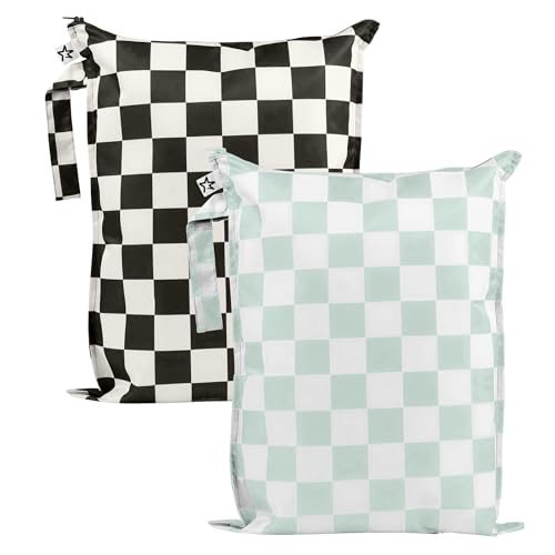 Tiny Twinkle Mess Proof Wet Bags | 2-Pack Reusable Waterproof Wet Bags for Swimsuits | Baby Clothes | Travel & Diaper Bag (Black, Green Checkers) - color: Black, Green Checkers, size: 2 Pack