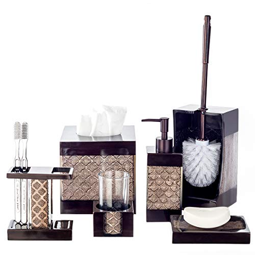 Creative Scents Dahlia Brown 4 Piece Bathroom Accessories Set | Includes Soap Dispenser, Toothbrush Holder, Tumbler Cup & Soap Dish