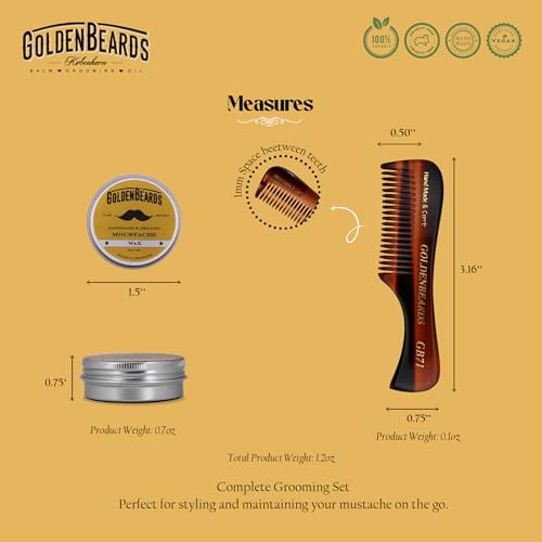 Golden Beards Mustache Wax with GB-71 Comb – Organic & Natural Styling Wax for Men – Strong Hold, Handmade, Vegan, Cruelty-Free Grooming Kit - style: Comb