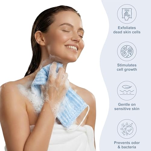 Yiclick Dual-Textured Exfoliating Washcloth Towel - Back Scrubber for Use in Shower Bath, Exfoliating Body Scrubber Exfoliator, Japanese Exfoliate Loofah Lufa Sponge Wash Cloth for Women Men - color: Sky