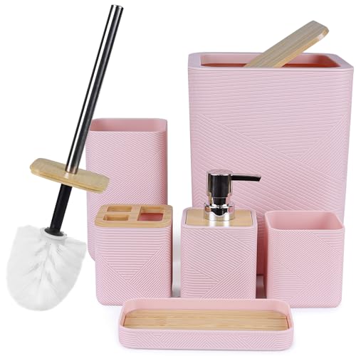 CERBIOR Bamboo Bathroom Accessories Set 6 Piece Bath Ensemble（Pink） | Includes Soap Dispenser, Toothbrush Holder, Toothbrush Cup, Soap Dish for Decorative Countertop and Housewarming Gift (Pink) - size: Complete Set, style: Pink