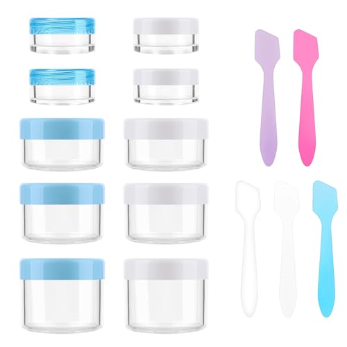 Accmor 10 Pieces Makeup Travel Containers with Lids 0.11/0.18/0.35/0.53/0.7 OZ Size Cosmetic Jars with 5 Pieces Mini Spatulas for Gift, Makeup Sample Container(White & Blue) - color: White+Blue