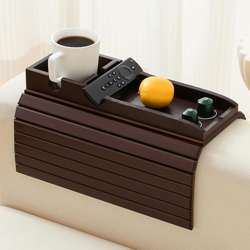 Bamboo Couch Cup Holder Arm Tray Table，Foldable Couch Drink Holder Armrest Table，Sofa Arm Rest Tray，Flexible Arm Chair Table Recliners for Drink,Cups, Snacks, Phone, Remote (Mahogany) - color: Mahogany