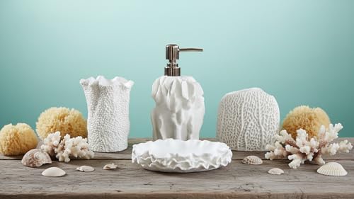 Hymmah Bathroom Accessories Set,Coral Seashell Design Toothbrush Holder,Farmhouse Bathroom Decor,4 Pcs Resin Gift Set Apartment Necessities, Contain Toothbrush Cup,Soap Dispenser,Soap Dish,Tumbler - color: Seashell White
