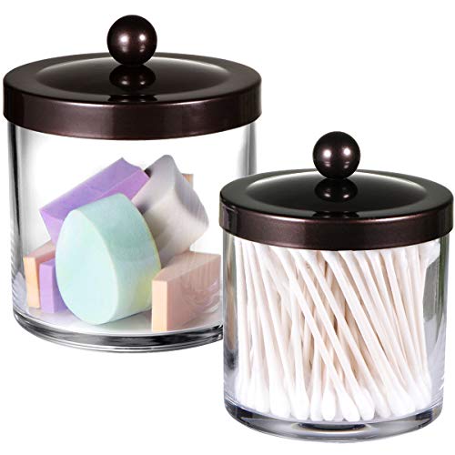 SheeChung 2-Pack Plastic Apothecary Jars with Bronze Metal Lids-25oz & 15oz Clear Acrylic Qtip Holder Set- Shatterproof Bathroom Vanity Organizer for Cotton Balls, Swabs-Modern Farmhouse Rustic Decor - color: Bronze, size: 25 oz & 15 oz