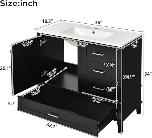 Linique 36" Modern Bathroom Vanity with Sink Combo Set, Bathroom Storage Cabinet with a Soft Closing Door and 3 Drawers, Black - color: Black, size: 36"/ Door without Organizer
