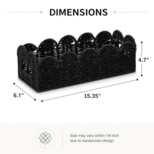 Black Scalloped Toilet Tank Basket — Paper Rope Woven Toilet Paper Holder for Back of Toilet, Scalloped Wicker Tray, Boho Bathroom Organizer and Storage for Tank Top, Countertop & Small Spaces - color: Black