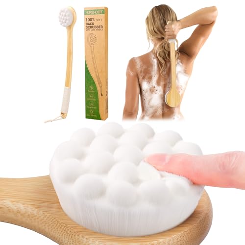 NURENDER Back Brush for Shower, 17.32'' Long Handle Soft Bristles for Sensitive Skin, Effective for Cleansing, Non Slip Grip, Wall Mounted Dry Quickly, Exfoliation Body Scrubber for Men/Women/Elderly - size: 17.32 Inch