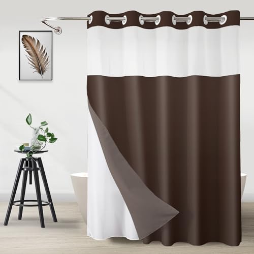 No Hook Shower Curtain with Snap in Liner, Ombre Dark Brown Shower Curtains and Liner Set, Hotel Fabric Bath Curtain for Bathroom, Mesh Top Window Waterproof Washable, 71" x 74" - color: Ombre Dark Brown, size: 71"W x 74"L (Pack of 1)