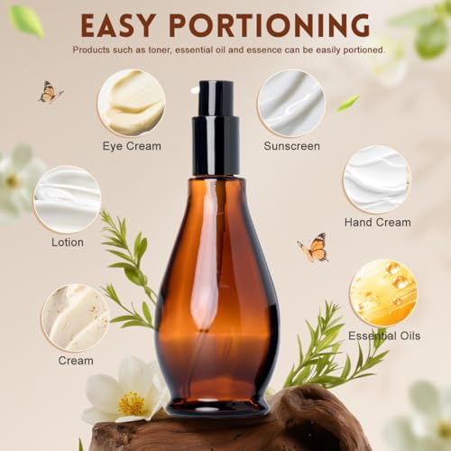 UPSTORE 2Pcs 100ml/3.4oz Amber Glass Lotion Pump Bottles Travel Size Pump Dispenser Cosmetics Containers Bottle Jar with Black Pump for Essential Oil Foundation Cream Shampoo