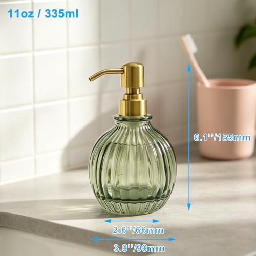 Round Bathroom Soap Dispenser Green Bottle Brushed Gold Pump, Stainless Steel Pump Liquid Soap Dispenser Sphere Countertop Hand Kitchen - color: Green and Brushed Gold Pump, size: 11oz-Round