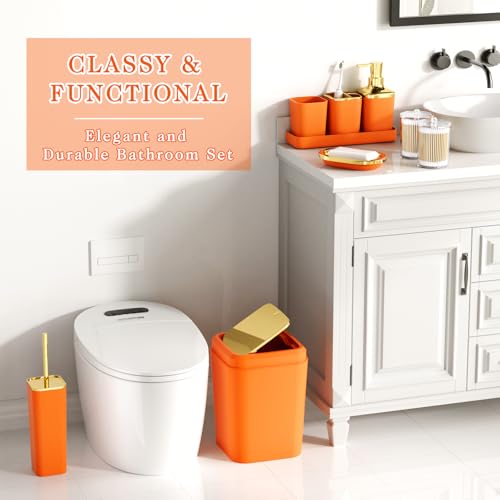 XLHOMO Bathroom Accessories Set - 25PC Bathroom Set with Shower Curtain and Rugs, Orange Bathroom Set, Bathroom Accessory Set with Press-on Lid Trash Can, Soap Dispenser and Qtip Holders for Home - color: Orange & Gold 1, size: Plaid Complete Set + Bath R