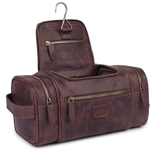 LEATHER VILLAGE Genuine Leather Travel Dopp Kit for Men & Women – Water-Resistant Large-Capacity Hanging Toiletry Bag for Travel, Grooming, Bathroom Organization, Shaving Essentials & Gym Use - Cherry - color: Cherry