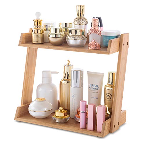 GOBAM Bamboo Makeup & Countertop Organizer, Large - 2 Layer Cosmetics, Lipsticks, Jewelry, Brushes, Hair Accessories & Perfume Organizer for Dresser, Easy Assembly - Natural - size: Large