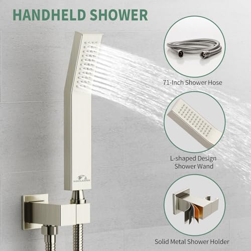 SunCleanse Rainfall Shower System Brushed Nickel Ceiling Mounted Shower System Combo Set with High Pressure 12 Inches Square Rain Shower Head Handheld and Shower Faucet Rough-in Mixer Valve and Trim - color: Brushed Nickel, style: 12-ceiling