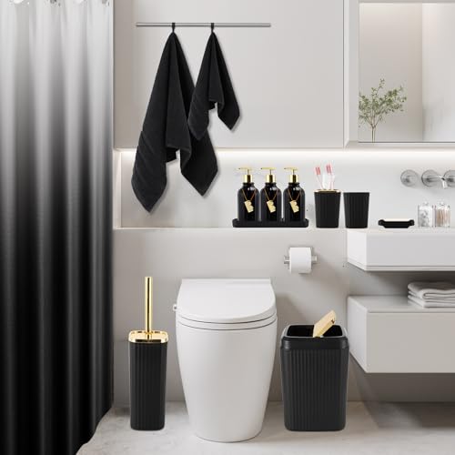 32PCS Black Bathroom Accessories Bathroom Set,Black Shower Curtain, Bath Towel Set,Hand Towel,Toilet Brush,Trash Can & 3PCS Soap Dispensera - size: Bath Set + Shower Curtain + Towel Set, style: Black