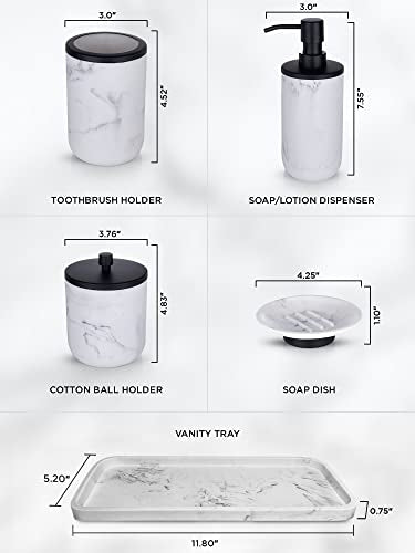Marble & Matte Black Bathroom Accessories Set - Toothbrush Holder, Soap Dispenser, Modern Black Bathroom Decor