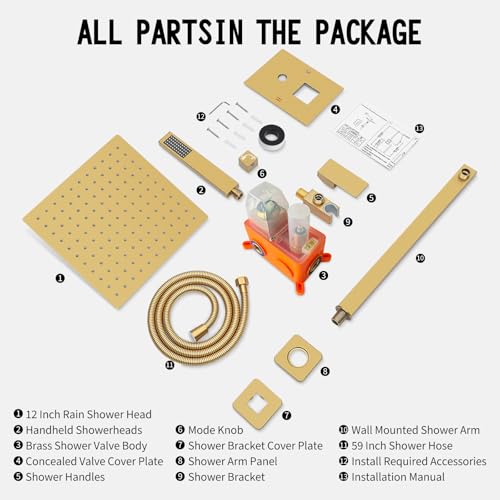 Bathroom Shower Faucet Set，10 Inch Rain Shower Head with Handheld Spray，Brass Shower Valve Trim Kit，Wall Mounted Square Rain Shower System (Brushed Gold) - color: Brushed Gold, size: 10 Inch Shower Head