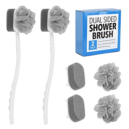 Impresa Extra Long Handle Shower Brush - Dual-Action Loofah & Exfoliating Sponge Body Scrubber - Ergonomic Grip Back Scrub Brush - Replacement Loofah & Sponge Heads - Pack of 2, White