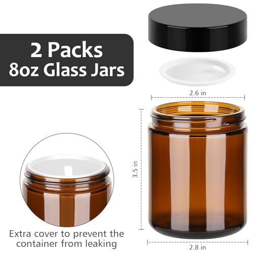 Accmor 8 oz Amber Glass Jars, 2 Pack Candle Jars with Black Lids & Inner Liners, 250g Wide Mouth Leak Proof Round Makeup Sample Containers for Storing Lotions, Creams, Honey, Candle, Jelly - color: Amber, size: 8 Ounce