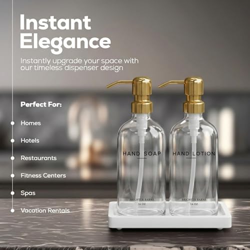 Luxury Glass Soap Dispenser Bathroom Set by Brighter Barns - Refillable Liquid Hand Soap and Lotion Dispenser Set with Tray and Pump - Gold Bathroom Decor for Guest House, Modern Airbnb (Clear/Gold) - color: Clear Gold Sl
