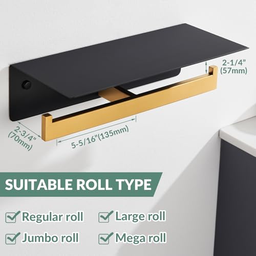 APLusee Double Toilet Paper Holder with Phone Shelf, 304 Stainless Steel Bathroom Tissue Hanger, Wall Mounted Dual Roll Paper Dispenser, Black & Gold - color: Black With Gold, size: Double Rod